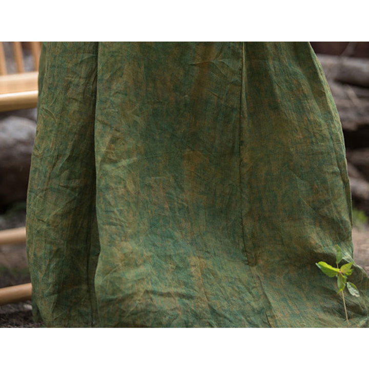 Pantalones anchos con cinturilla flexible de lino de ramio en verde y amarillo con Buddha Stones y bolsillos