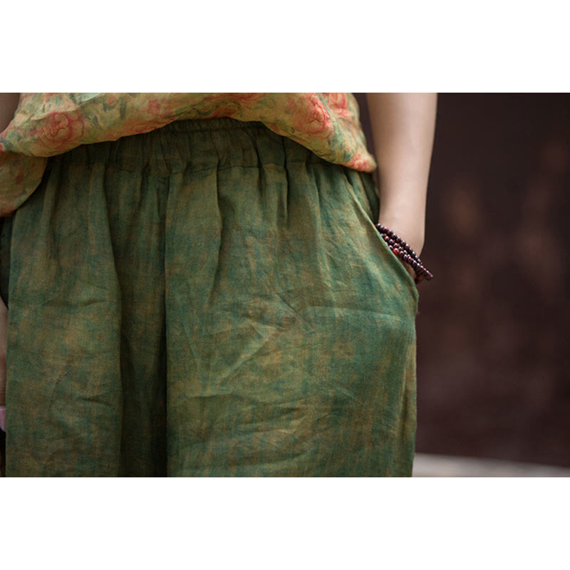 Pantalones anchos con cinturilla flexible de lino de ramio en verde y amarillo con Buddha Stones y bolsillos