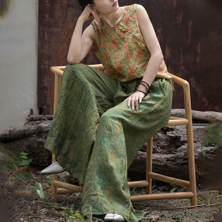 Pantalones anchos con cinturilla flexible de lino de ramio en verde y amarillo con Buddha Stones y bolsillos