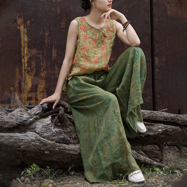 Pantalones anchos con cinturilla flexible de lino de ramio en verde y amarillo con Buddha Stones y bolsillos