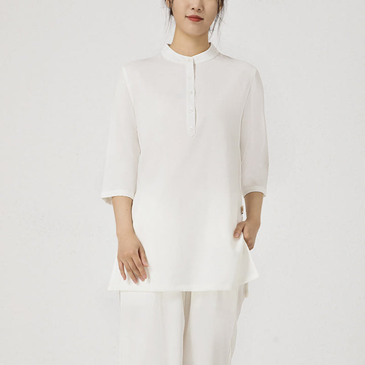 Conjunto de ropa de lino y algodón para mujer, camisa de manga tres cuartos con botones, Top, pantalones, meditación Zen, Tai Chi, Buddha Stones.