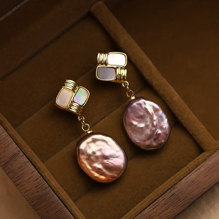 Pendientes colgantes curativos de perlas barrocas naturales de oro chapado en cobre con postes de plata de ley 925 con Buddha Stones - Perla Barroca Púrpura (Postes de Plata de Ley 925) - image 0