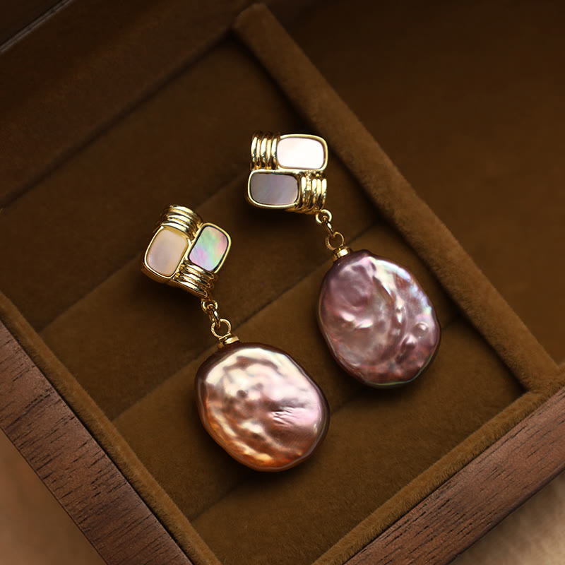 Pendientes colgantes curativos de perlas barrocas naturales de oro chapado en cobre con postes de plata de ley 925 con Buddha Stones - Perla Barroca Púrpura (Postes de Plata de Ley 925) - image 0