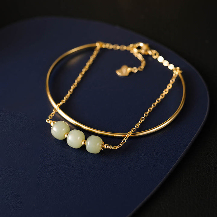 Brazalete de pulsera de doble capa con cuentas de Jade hetiano de oro chapado en cobre con Buddha Stones