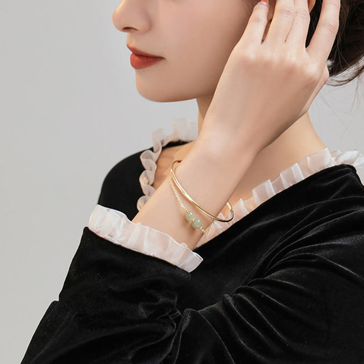 Brazalete de pulsera de doble capa con cuentas de Jade hetiano de oro chapado en cobre con Buddha Stones