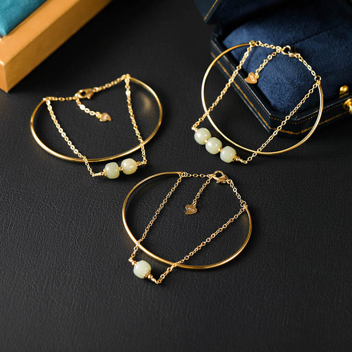 Brazalete de pulsera de doble capa con cuentas de Jade hetiano de oro chapado en cobre con Buddha Stones