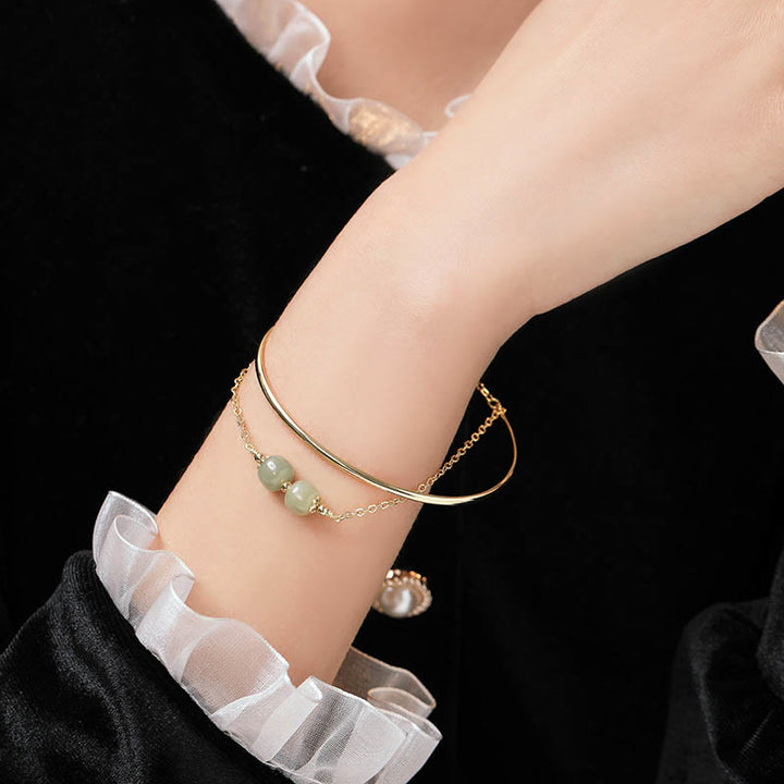 Brazalete de pulsera de doble capa con cuentas de Jade hetiano de oro chapado en cobre con Buddha Stones