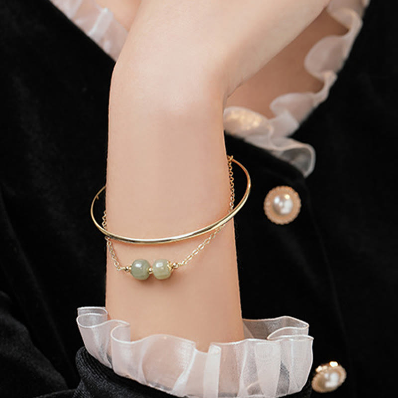 Brazalete de pulsera de doble capa con cuentas de Jade hetiano de oro chapado en cobre con Buddha Stones