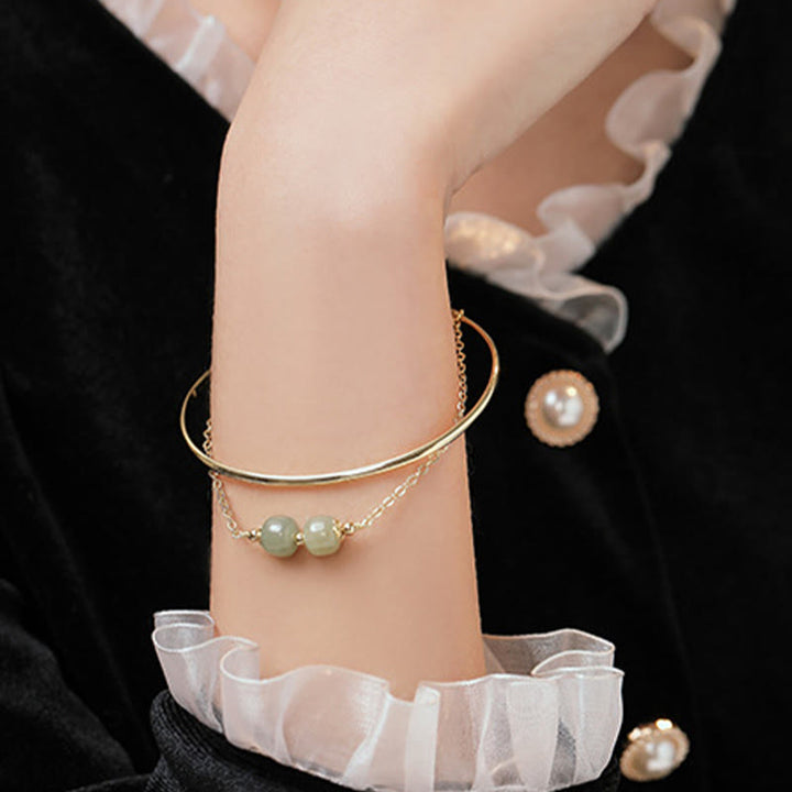Brazalete de pulsera de doble capa con cuentas de Jade hetiano de oro chapado en cobre con Buddha Stones