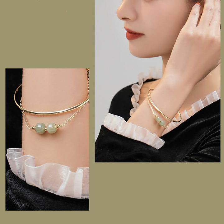 Brazalete de pulsera de doble capa con cuentas de Jade hetiano de oro chapado en cobre con Buddha Stones