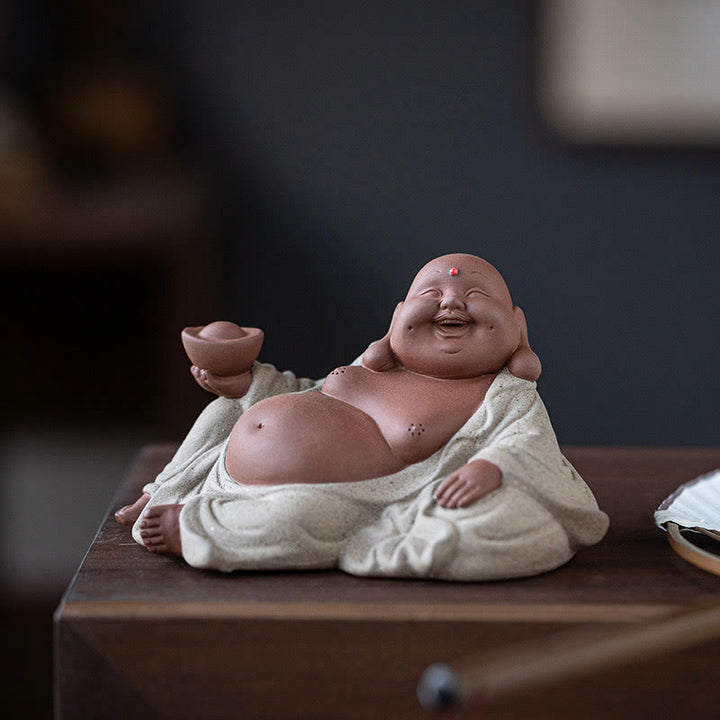 Buddha Stones, lingotes de Buda sonriente que atraen la riqueza, decoración de estatua de Maitreya de arcilla púrpura