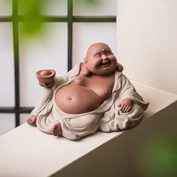 Buddha Stones, lingotes de Buda sonriente que atraen la riqueza, decoración de estatua de Maitreya de arcilla púrpura