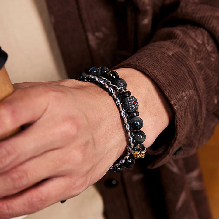 Buddha Stones de plata de ley 925, piedra de lava, ojo de águila, cuentas de la suerte, pulsera curativa hecha a mano