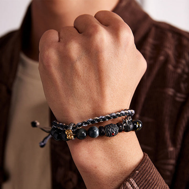 Buddha Stones de plata de ley 925, piedra de lava, ojo de águila, cuentas de la suerte, pulsera curativa hecha a mano