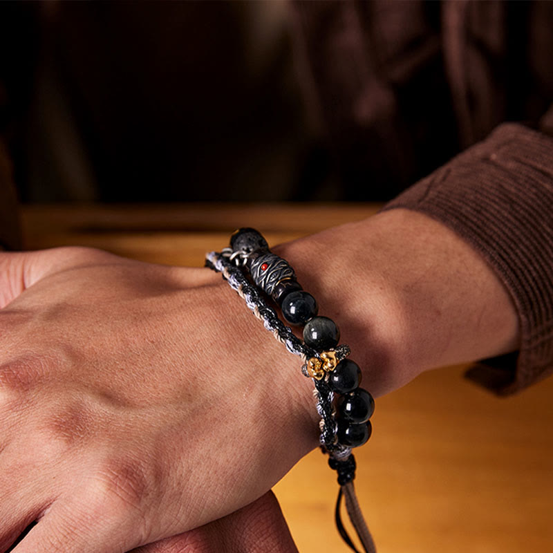 Buddha Stones de plata de ley 925, piedra de lava, ojo de águila, cuentas de la suerte, pulsera curativa hecha a mano