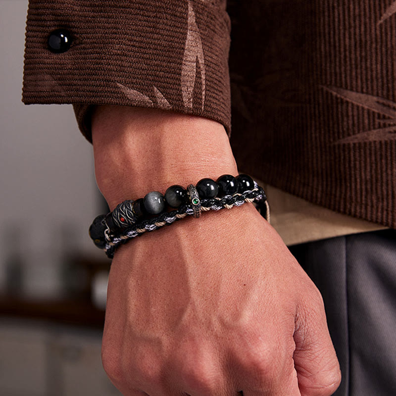 Buddha Stones de plata de ley 925, piedra de lava, ojo de águila, cuentas de la suerte, pulsera curativa hecha a mano