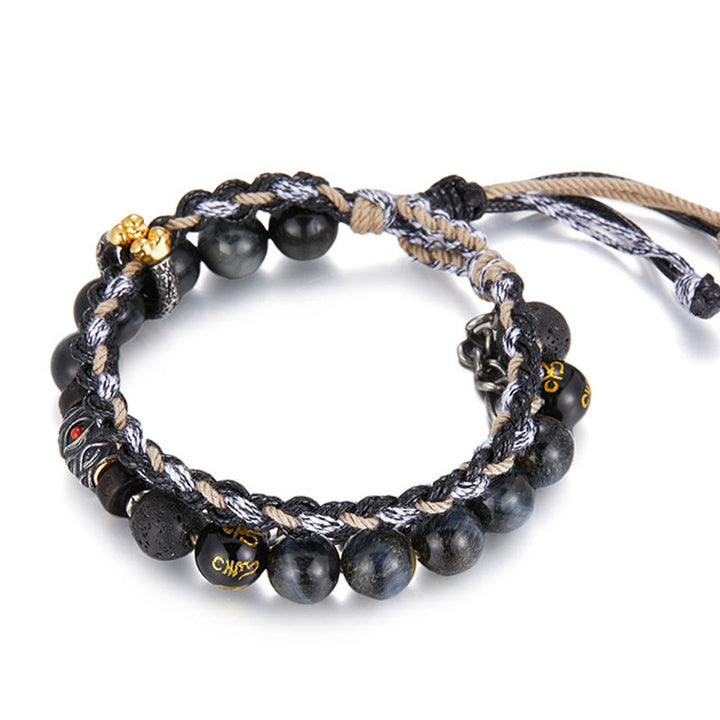 Buddha Stones de plata de ley 925, piedra de lava, ojo de águila, cuentas de la suerte, pulsera curativa hecha a mano