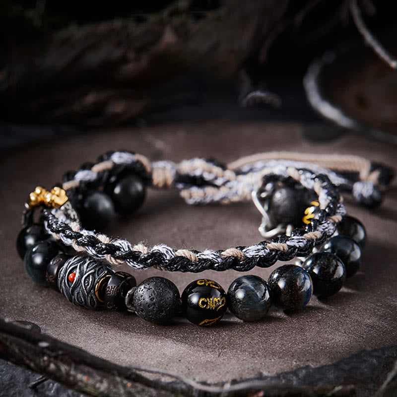 Buddha Stones de plata de ley 925, piedra de lava, ojo de águila, cuentas de la suerte, pulsera curativa hecha a mano