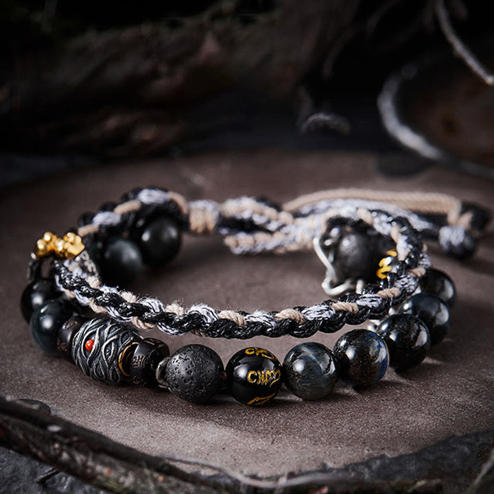 Buddha Stones de plata de ley 925, piedra de lava, ojo de águila, cuentas de la suerte, pulsera curativa hecha a mano