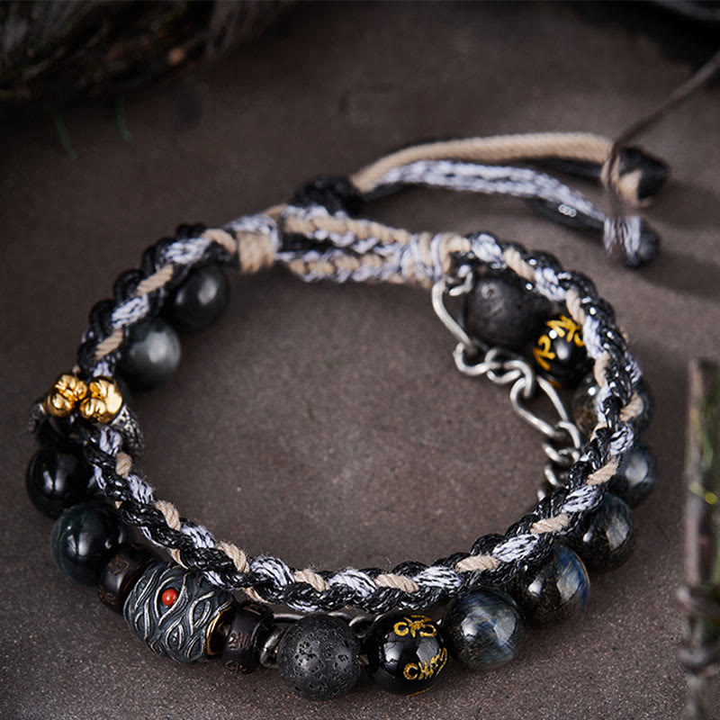 Buddha Stones de plata de ley 925, piedra de lava, ojo de águila, cuentas de la suerte, pulsera curativa hecha a mano