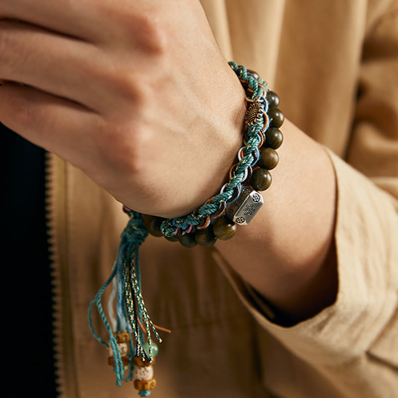 Pulsera positiva hecha a mano con semillas de Bodhi de sándalo verde de plata de ley 925 con Buddha Stones