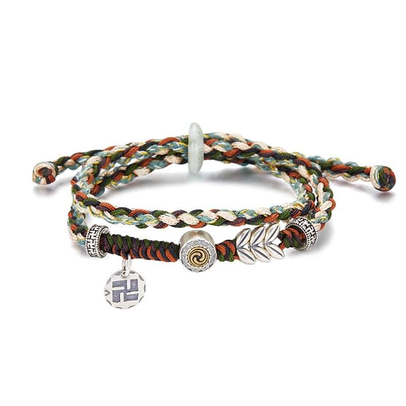 Pulsera de la suerte hecha a mano con patrón de trigo y esvástica de plata de ley 925 con Buddha Stones
