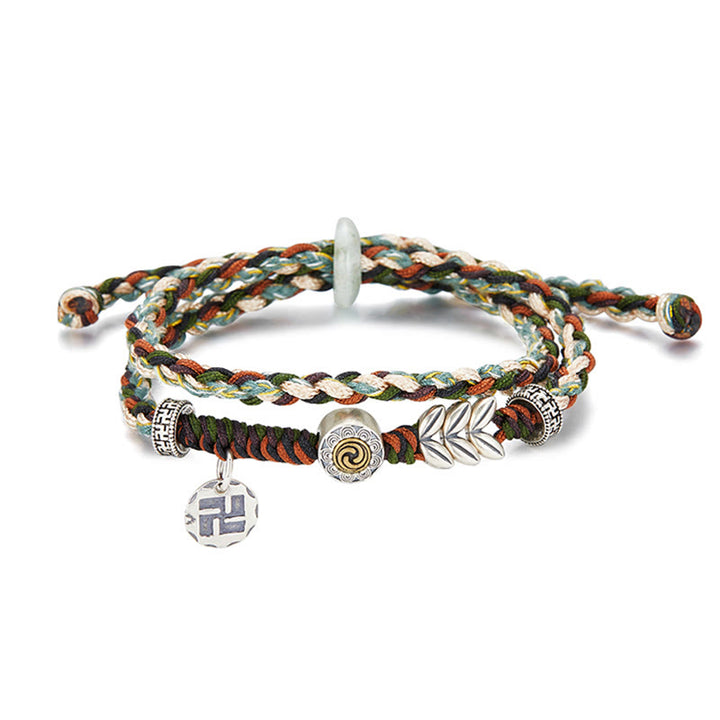 Pulsera de la suerte hecha a mano con patrón de trigo y esvástica de plata de ley 925 con Buddha Stones