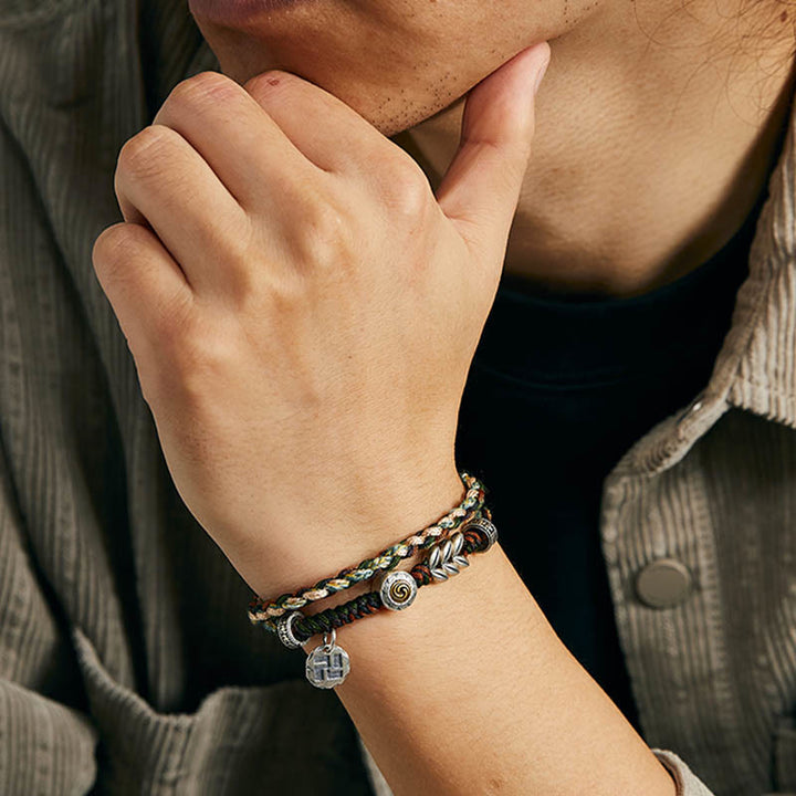 Pulsera de la suerte hecha a mano con patrón de trigo y esvástica de plata de ley 925 con Buddha Stones