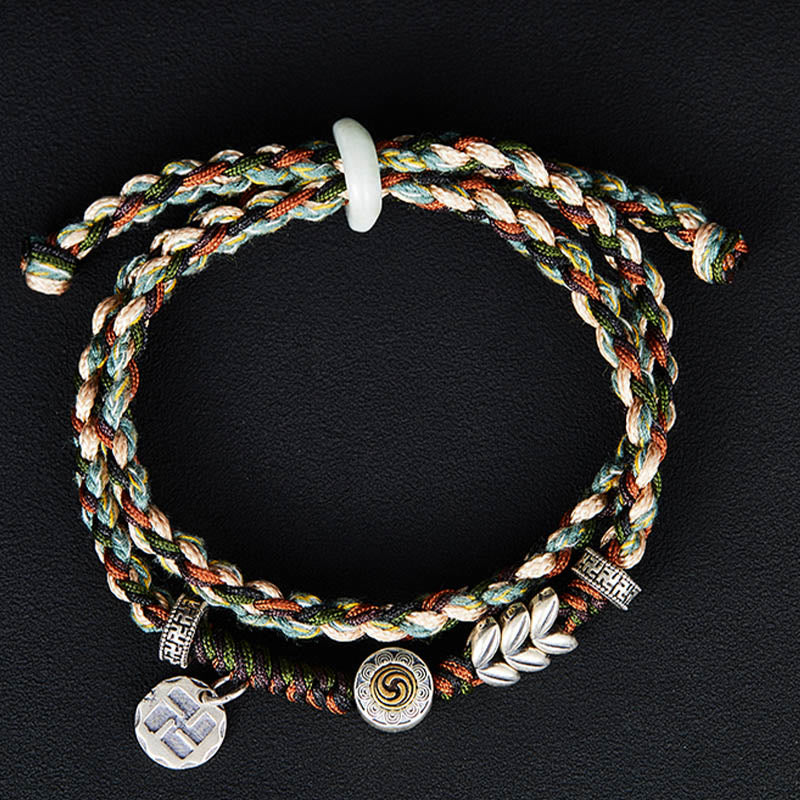 Pulsera de la suerte hecha a mano con patrón de trigo y esvástica de plata de ley 925 con Buddha Stones