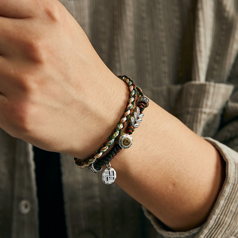 Pulsera de la suerte hecha a mano con patrón de trigo y esvástica de plata de ley 925 con Buddha Stones