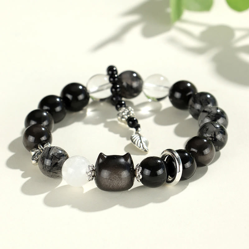 Pulsera de protección de planeta zorro con cabeza de gato de obsidiana brillante de plata natural con Buddha Stones - Cabeza de gato de obsidiana plateada brillante (circunferencia de la muñeca: 14-16,5 cm) - image 2