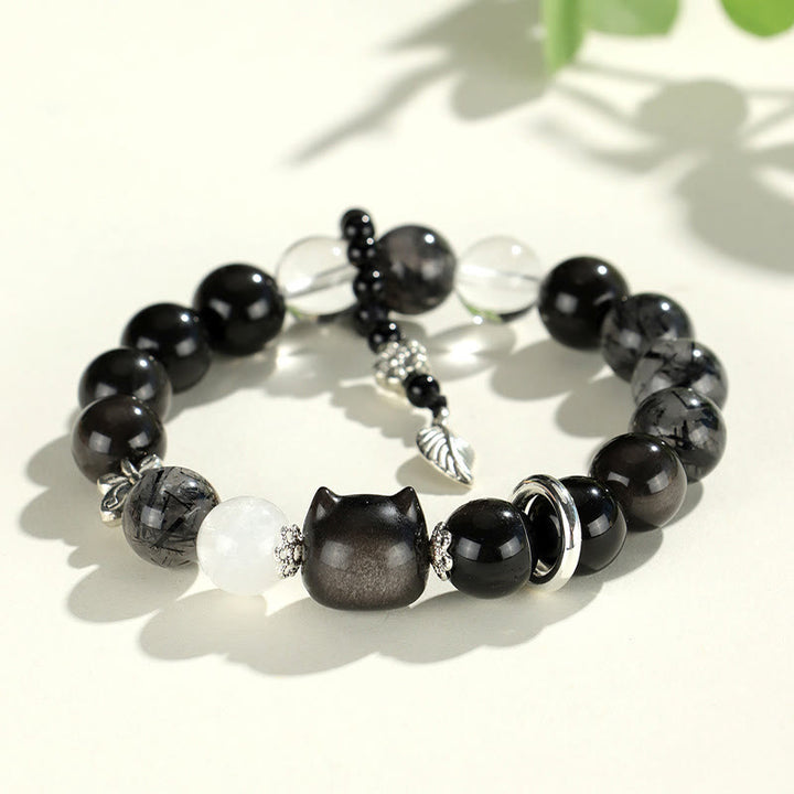 Pulsera de protección de planeta zorro con cabeza de gato de obsidiana brillante de plata natural con Buddha Stones - Cabeza de gato de obsidiana plateada brillante (circunferencia de la muñeca: 14-16,5 cm) - image 2