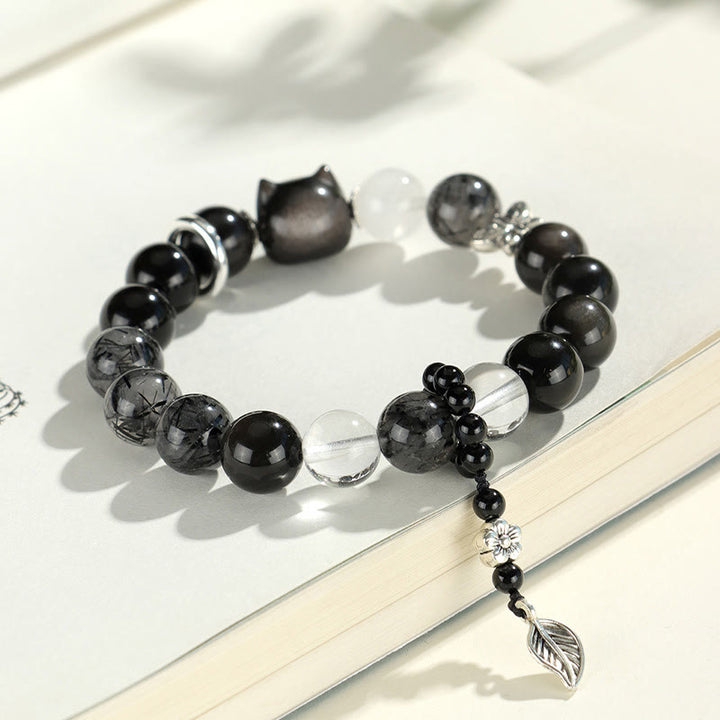 Pulsera de protección de planeta zorro con cabeza de gato de obsidiana brillante de plata natural con Buddha Stones - image 3
