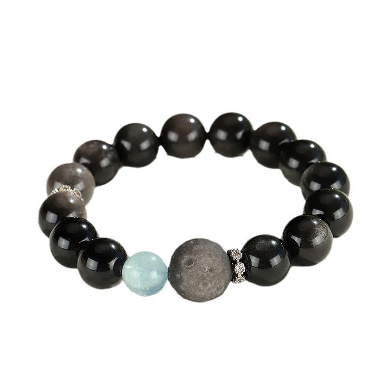 Pulsera de protección de planeta zorro con cabeza de gato de obsidiana brillante de plata natural con Buddha Stones - image 11