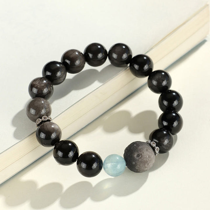 Pulsera de protección de planeta zorro con cabeza de gato de obsidiana brillante de plata natural con Buddha Stones - image 9