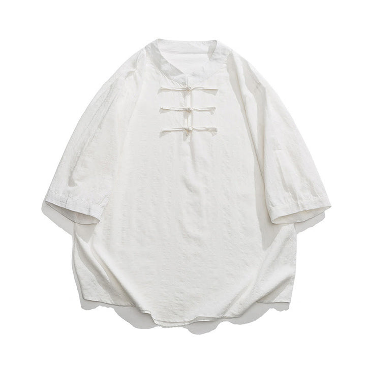 Camisa de media manga con diseño de cuadros de botones de rana y Buddha Stones, traje chino, ropa de hombre de lino y algodón