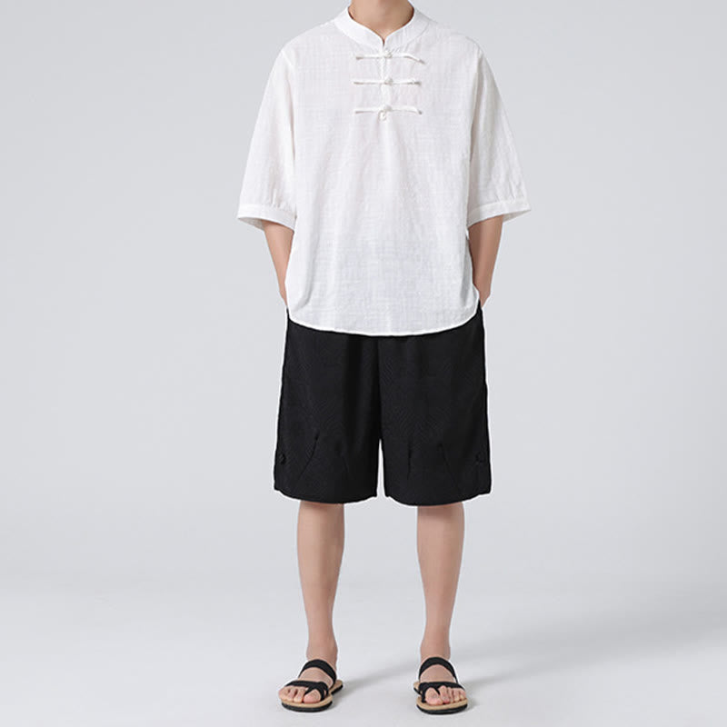 Camisa de media manga con diseño de cuadros de botones de rana y Buddha Stones, traje chino, ropa de hombre de lino y algodón