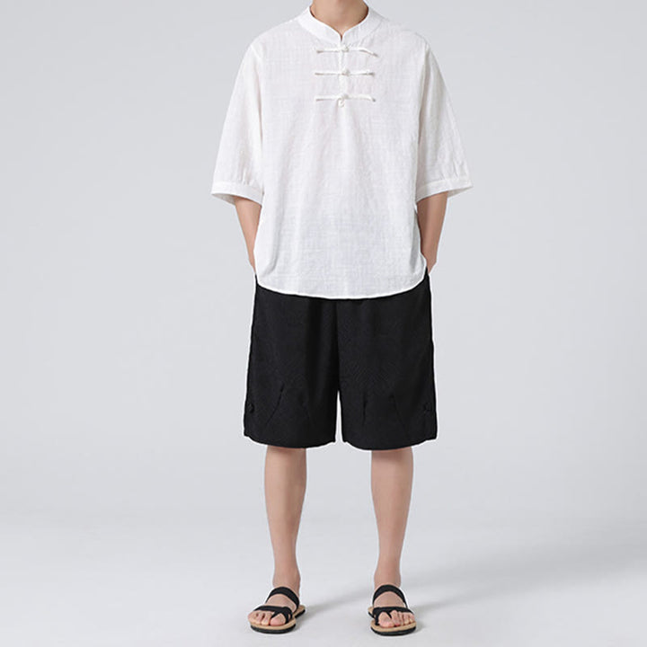 Camisa de media manga con diseño de cuadros de botones de rana y Buddha Stones, traje chino, ropa de hombre de lino y algodón