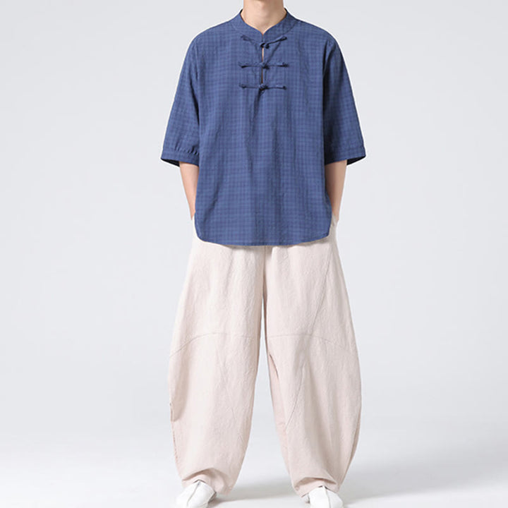 Camisa de media manga con diseño de cuadros de botones de rana y Buddha Stones, traje chino, ropa de hombre de lino y algodón