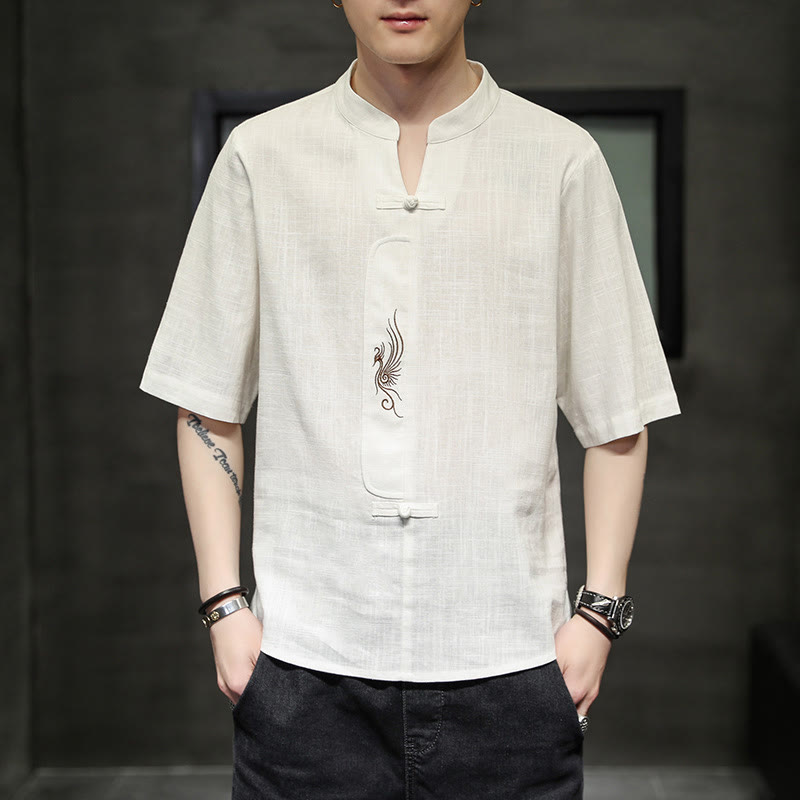 Camisa de manga corta con bordado de Fénix y botones de rana de Buddha Stones , ropa de hombre de lino y algodón - image 2