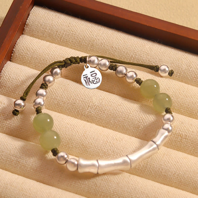 Pulsera de abundancia de bambú con carácter Fu de jade natural de plata de ley 925 con Buddha Stones