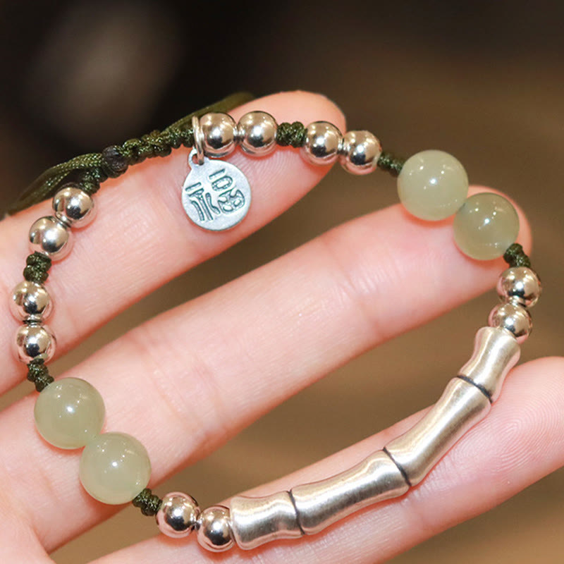 Pulsera de abundancia de bambú con carácter Fu de jade natural de plata de ley 925 con Buddha Stones