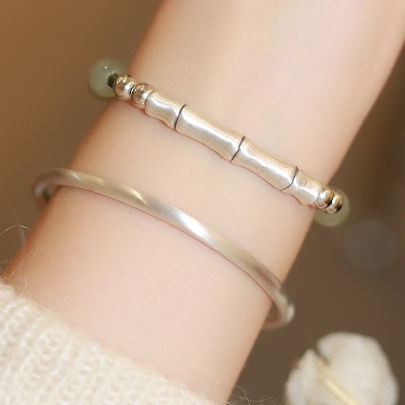 Pulsera de abundancia de bambú con carácter Fu de jade natural de plata de ley 925 con Buddha Stones