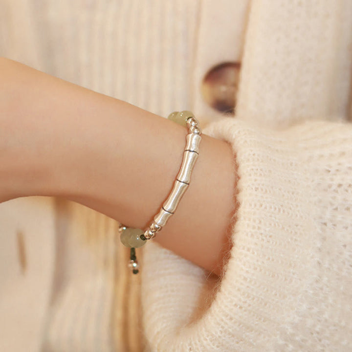 Pulsera de abundancia de bambú con carácter Fu de jade natural de plata de ley 925 con Buddha Stones