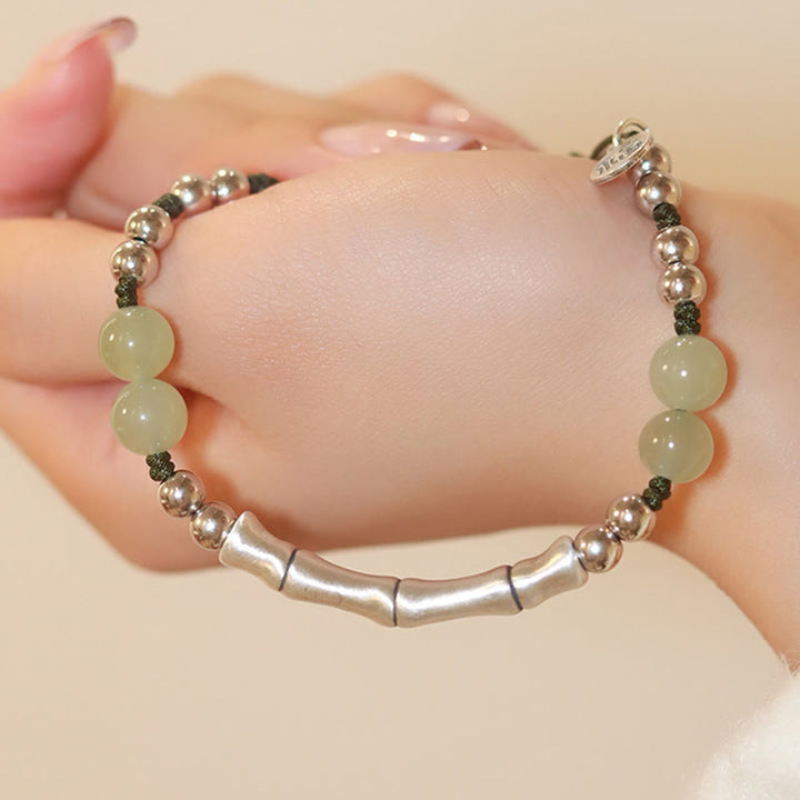 Pulsera de abundancia de bambú con carácter Fu de jade natural de plata de ley 925 con Buddha Stones
