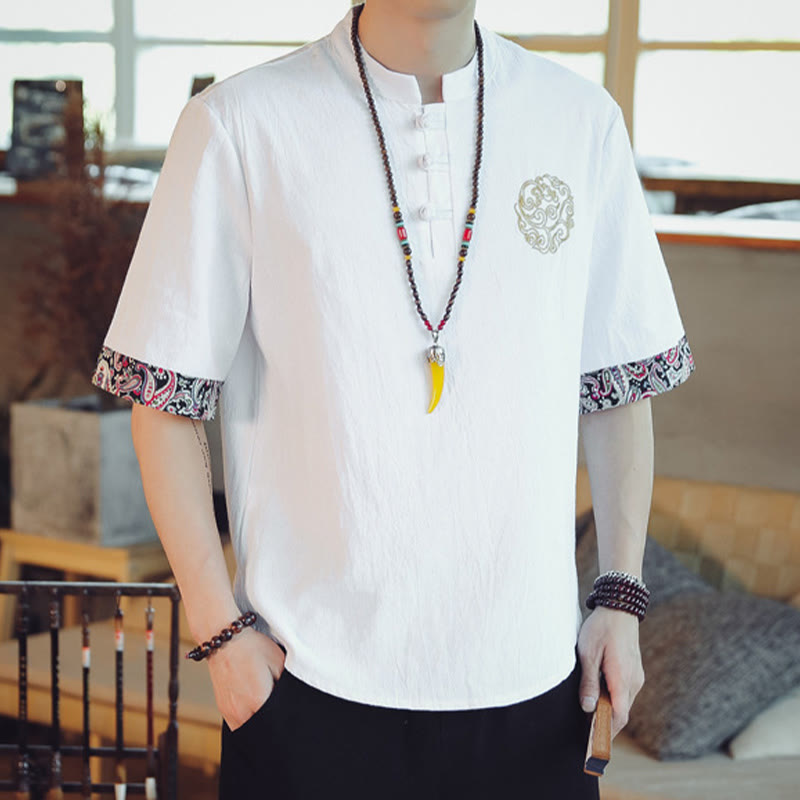 Buddha Stones Botón de rana Bordado de dragón traje chino Tang camisa de manga corta ropa de lino para hombres - image 19