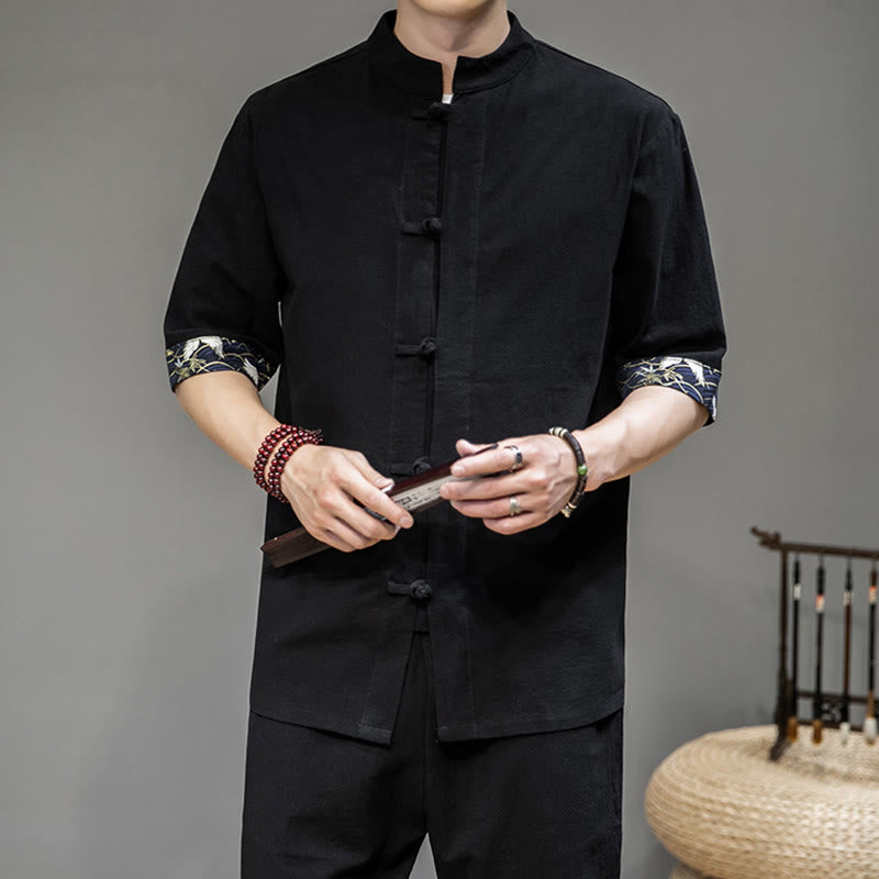 Traje chino Tang con botones de rana y Buddha Stones , camisa de grulla de media manga, ropa de lino para hombre - Negro - US/UK/AU46, EU56 (5XL) - image 4