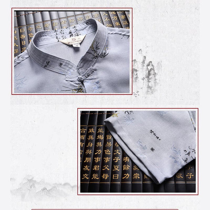 Buddha Stones botón de rana Fu personaje dragón hoja de bambú traje chino camisa de manga corta de lino con bolsillos - image 11