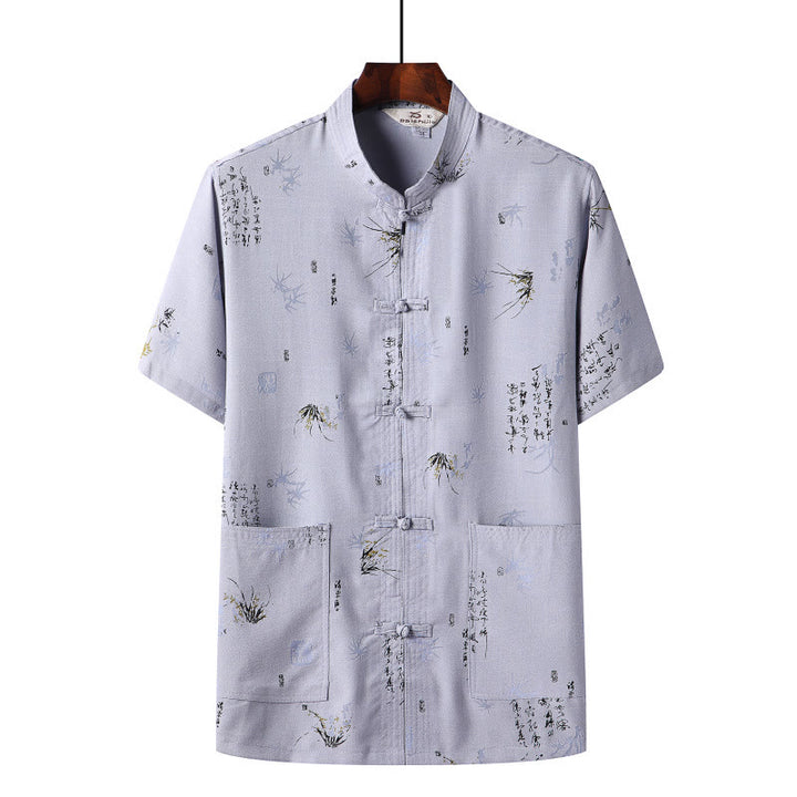 Buddha Stones botón de rana Fu personaje dragón hoja de bambú traje chino camisa de manga corta de lino con bolsillos - Azul claro - Hoja de bambú - US/UK/AU46,EU56 (4XL)  - image 10