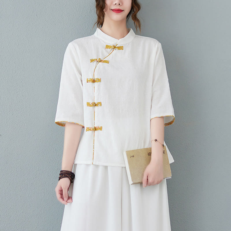 Camisa de lino y algodón con media manga y botones de rana con estampado floral de Buddha Stones - Blanco - 2XL(apto para US8-10; UK/AU12-14; UE 40-42) - image 3